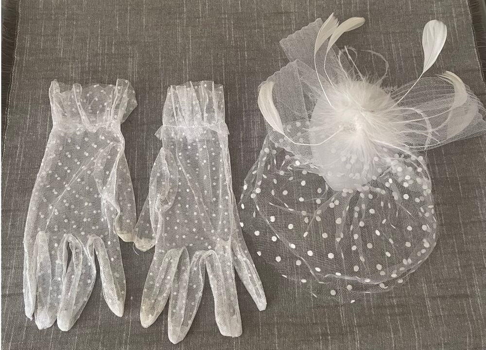 Polka Doll Bridal Womens Size OS White Gloves Hat Set